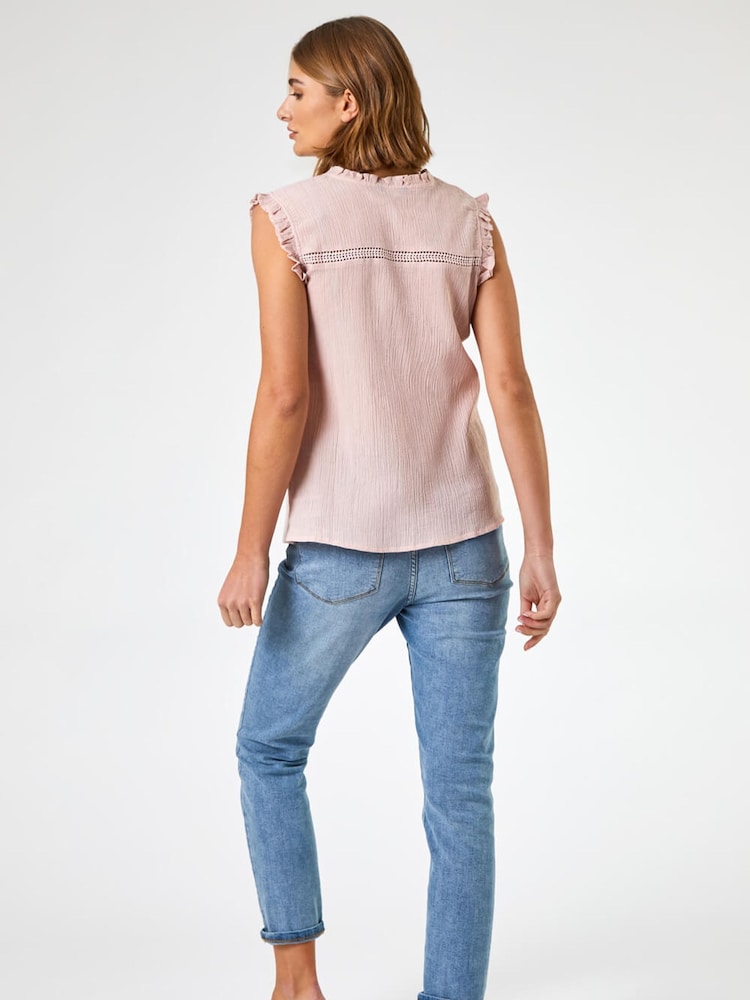Roman Pink Ruffle Detail 100% Cotton Crinkle Top - Image 2 of 5