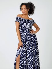 Roman Blue Petite Polka Dot Bardot Midi Dress - Image 1 of 5