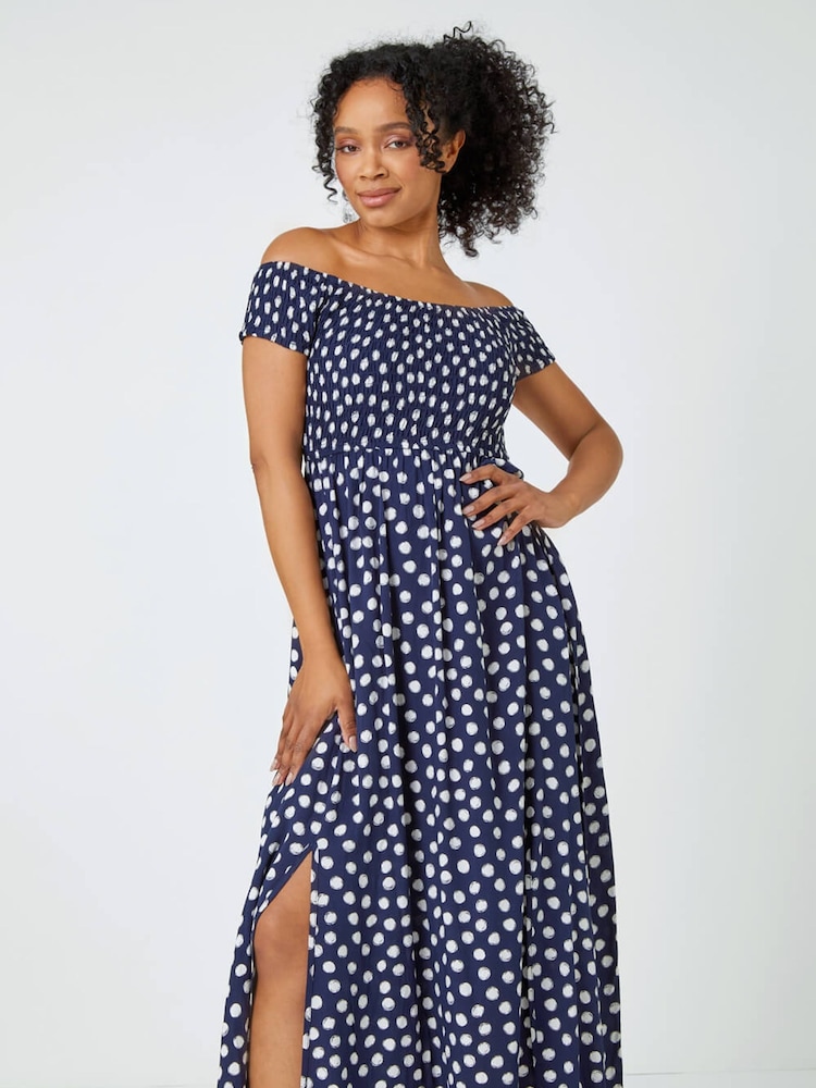 Roman Blue Petite Polka Dot Bardot Midi Dress - Image 1 of 5