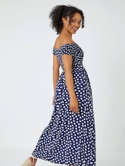 Roman Blue Petite Polka Dot Bardot Midi Dress - Image 2 of 5