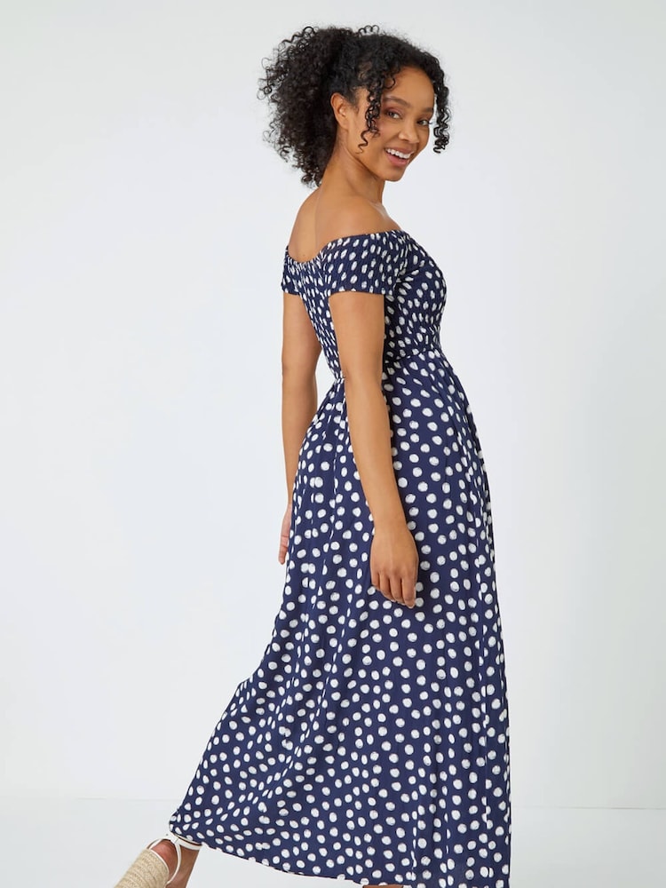 Roman Blue Petite Polka Dot Bardot Midi Dress - Image 2 of 5