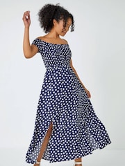 Roman Blue Petite Polka Dot Bardot Midi Dress - Image 3 of 5