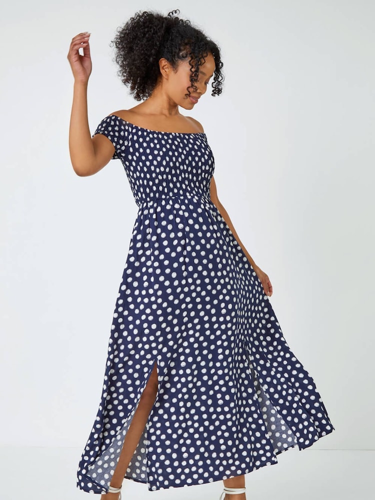 Roman Blue Petite Polka Dot Bardot Midi Dress - Image 3 of 5