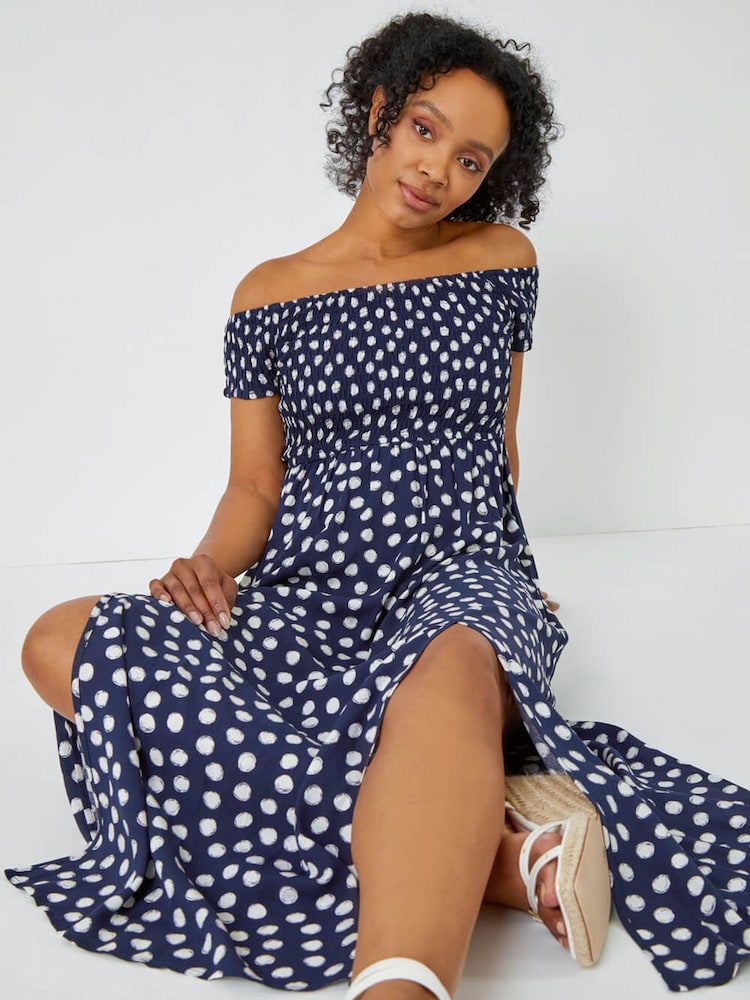 Roman Blue Petite Polka Dot Bardot Midi Dress - Image 4 of 5