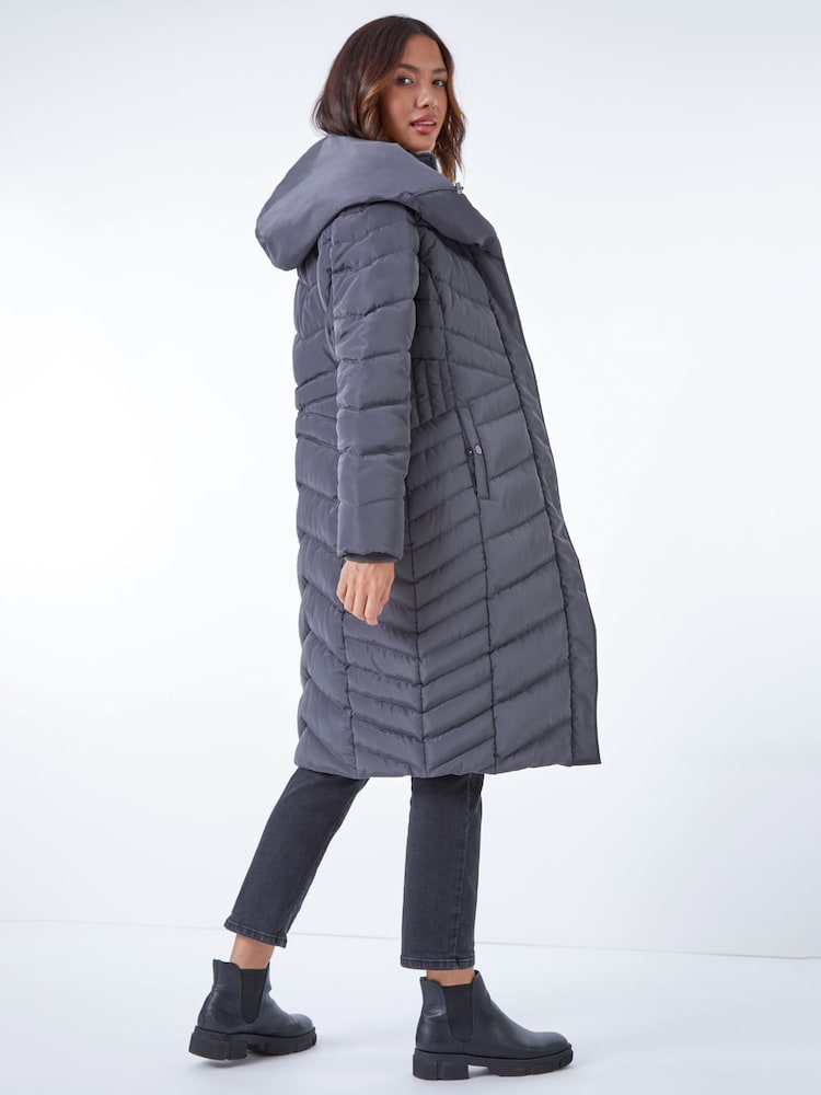 Roman Grey Hooded Chevron Quilted Coat - Image 2 of 5