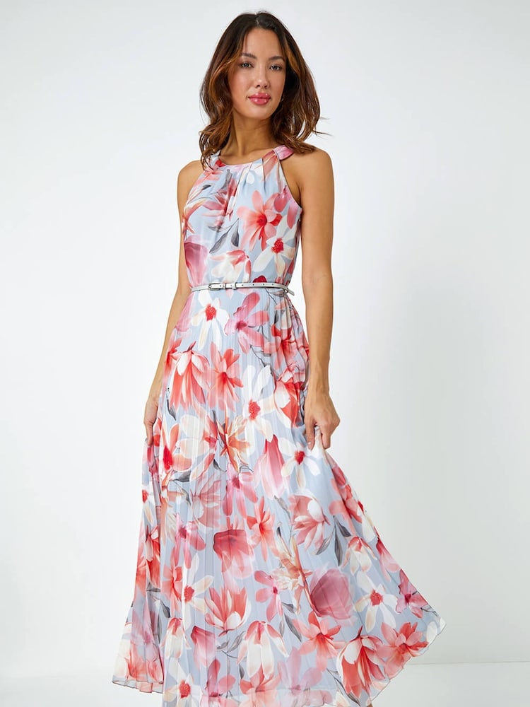 Roman Pink Floral Pleated Halterneck Maxi Dress - Image 1 of 5 Roman Pink Floral Pleated Halterneck Maxi Dress - Image 1 of 5