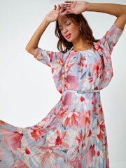 Roman Pink Floral Pleated Halterneck Maxi Dress - Image 3 of 5