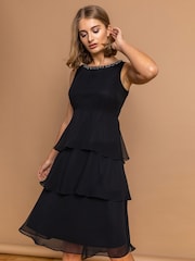 Roman Black Tiered Embellished Neck Chiffon Dress - Image 1 of 4