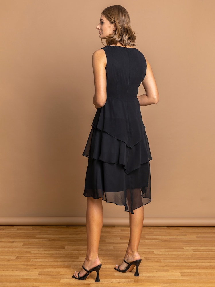 Roman Black Tiered Embellished Neck Chiffon Dress - Image 2 of 4