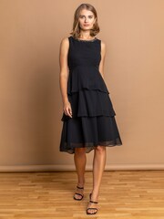 Roman Black Tiered Embellished Neck Chiffon Dress - Image 3 of 4