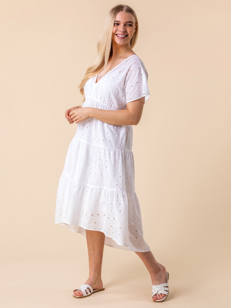 Roman White 100% Cotton Broderie Tiered Smock Dress - Image 1 of 4 Roman White 100% Cotton Broderie Tiered Smock Dress - Image 1 of 4