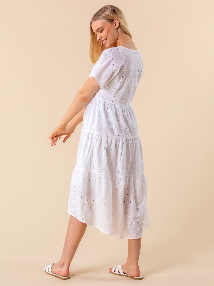 Roman White 100% Cotton Broderie Tiered Smock Dress - Image 2 of 4 Roman White 100% Cotton Broderie Tiered Smock Dress - Image 2 of 4