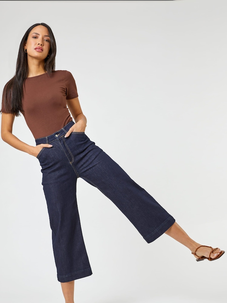 Roman Indigo Wide Leg Stretch Denim Culottes - Image 6 of 6