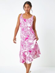 Roman Pink Paisley Frill Hem Stretch Midi Dress - Image 1 of 1