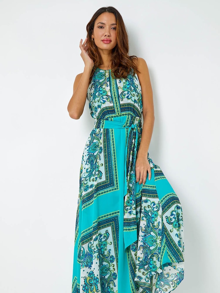 Roman Blue Scarf Print Halter Neck Maxi Dress - Image 1 of 5
