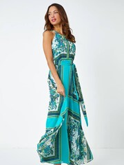 Roman Blue Scarf Print Halter Neck Maxi Dress - Image 3 of 5