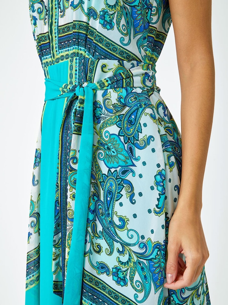 Roman Blue Scarf Print Halter Neck Maxi Dress - Image 5 of 5