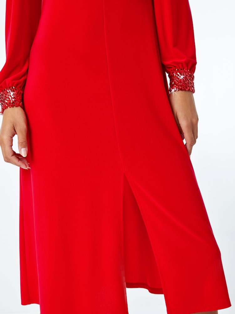 Roman Red Sequin Trim Stretch Midi Dress - Image 4 of 4