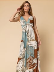 Roman Blue Abstract Leaf Print V Neck Maxi Dress - Image 1 of 4