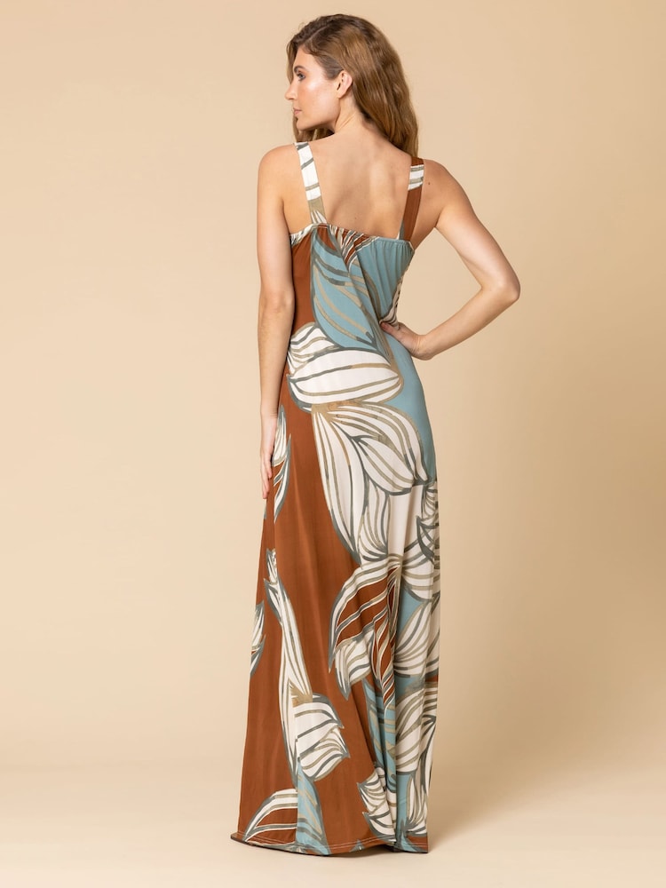 Roman Blue Abstract Leaf Print V Neck Maxi Dress - Image 2 of 4
