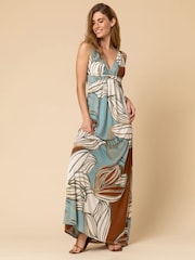 Roman Blue Abstract Leaf Print V Neck Maxi Dress - Image 3 of 4