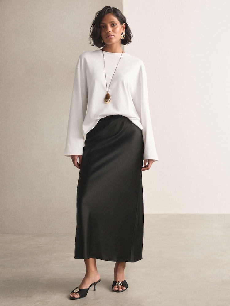 Black Satin Midi Skirt - Image 1 of 7 Black Satin Midi Skirt - Image 1 of 7
