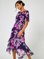 Roman Pink Floral Print Frill Detail Midi Dress - Image 1 of 4