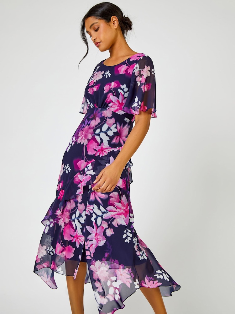 Roman Pink Floral Print Frill Detail Midi Dress - Image 1 of 4