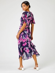 Roman Pink Floral Print Frill Detail Midi Dress - Image 2 of 4