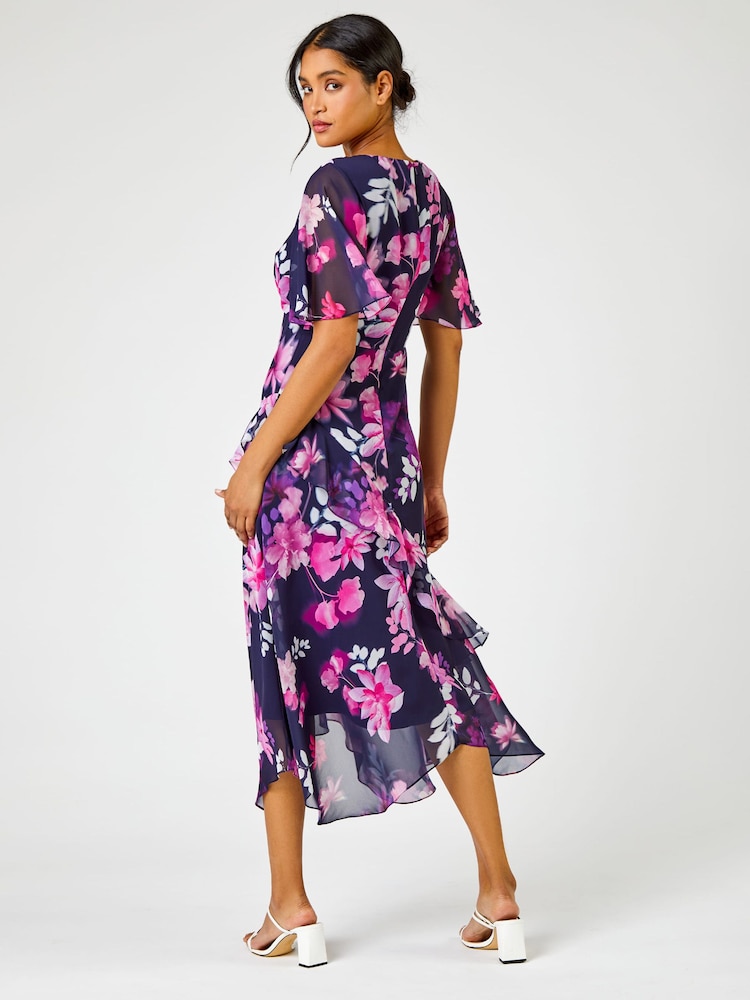 Roman Pink Floral Print Frill Detail Midi Dress - Image 2 of 4