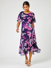 Roman Pink Floral Print Frill Detail Midi Dress - Image 3 of 4