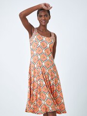 Roman Orange Sleeveless Geometric Print Swing Dress - Image 1 of 5