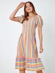 Roman Yellow Stripe Shirred Puff Sleeve 100% Cotton Midi Dress - Image 1 of 5
