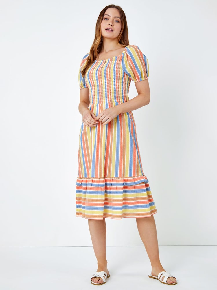 Roman Yellow Stripe Shirred Puff Sleeve 100% Cotton Midi Dress - Image 2 of 5