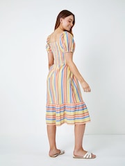 Roman Yellow Stripe Shirred Puff Sleeve 100% Cotton Midi Dress - Image 3 of 5