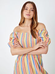 Roman Yellow Stripe Shirred Puff Sleeve 100% Cotton Midi Dress - Image 4 of 5