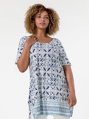 Roman Blue Curve Tile Print Longline Top - Image 1 of 4