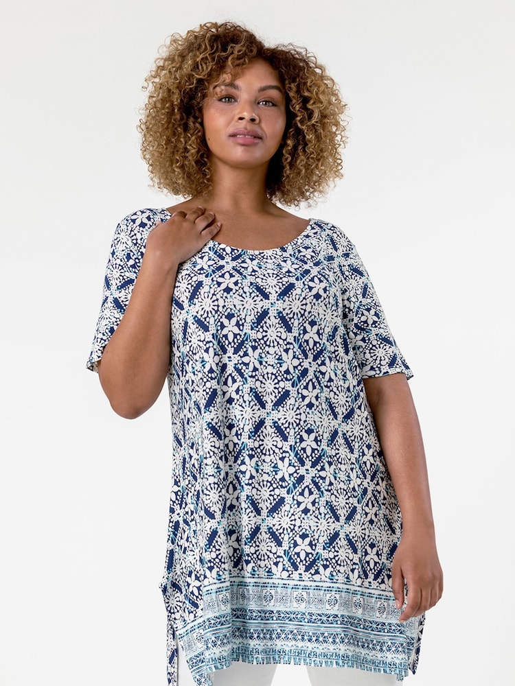 Roman Blue Curve Tile Print Longline Top - Image 1 of 4