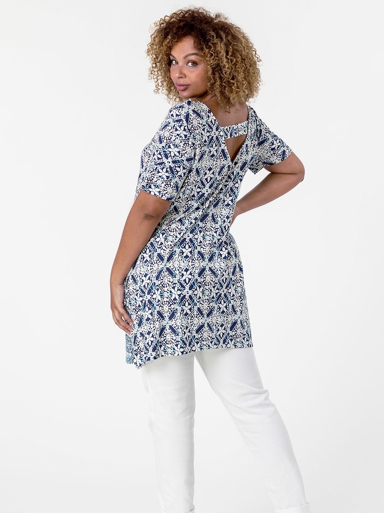 Roman Blue Curve Tile Print Longline Top - Image 2 of 4