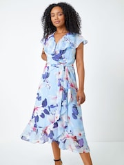 Roman Blue Petite Floral Frill Hem Chiffon Dress - Image 1 of 5