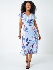 Roman Blue Petite Floral Frill Hem Chiffon Dress - Image 2 of 5
