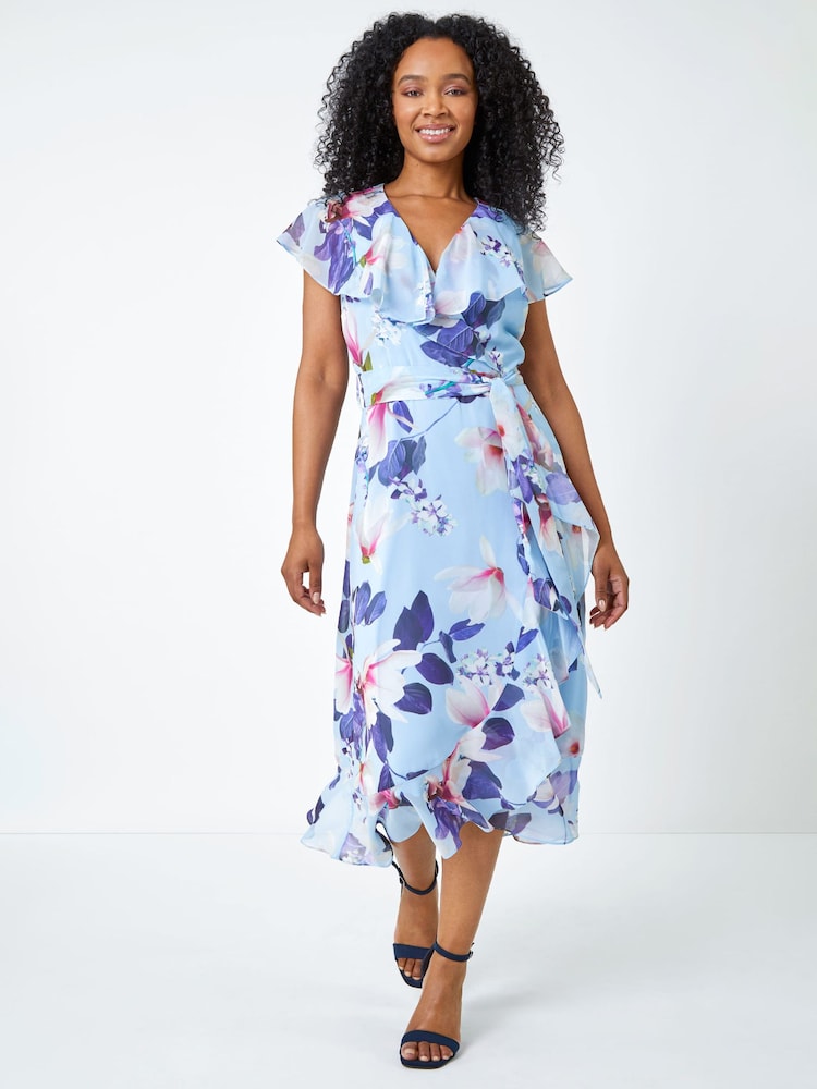 Roman Blue Petite Floral Frill Hem Chiffon Dress - Image 2 of 5