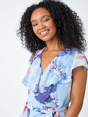 Roman Blue Petite Floral Frill Hem Chiffon Dress - Image 4 of 5