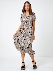 Roman Brown Animal Print Lace Trim Midi Dress - Image 1 of 5