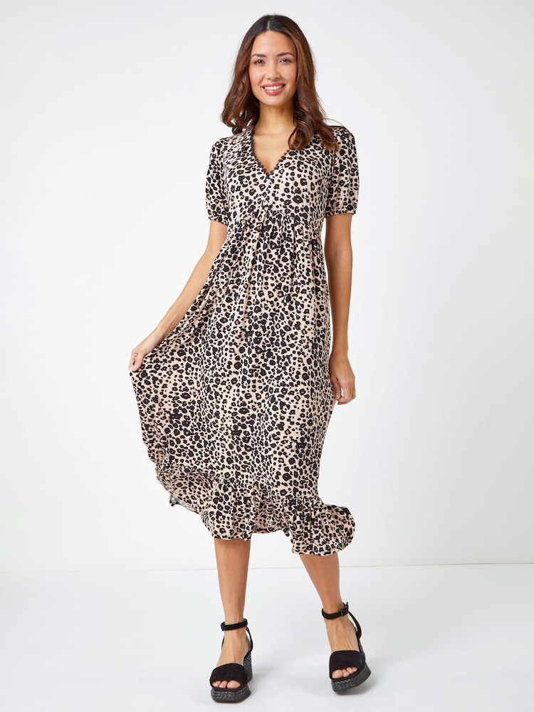 Roman Brown Animal Print Lace Trim Midi Dress - Image 1 of 5
