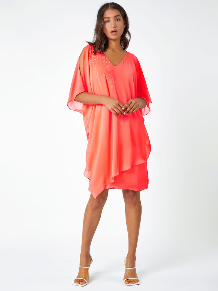 Roman Orange Embellished Cold Shoulder Overlay Dress - Image 1 of 4