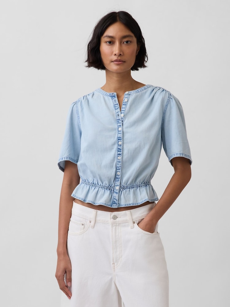 Gap Light Wash Denim Peplum Crop Top - Image 1 of 4 Gap Light Wash Denim Peplum Crop Top - Image 1 of 4
