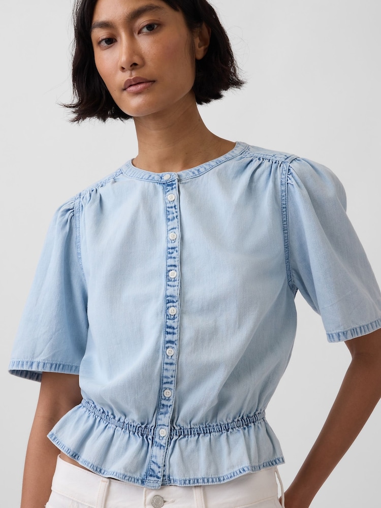 Gap Light Wash Denim Peplum Crop Top - Image 4 of 4 Gap Light Wash Denim Peplum Crop Top - Image 4 of 4