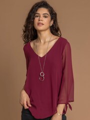Roman Red Necklace Trim Sleeve Tie Top - Image 1 of 4