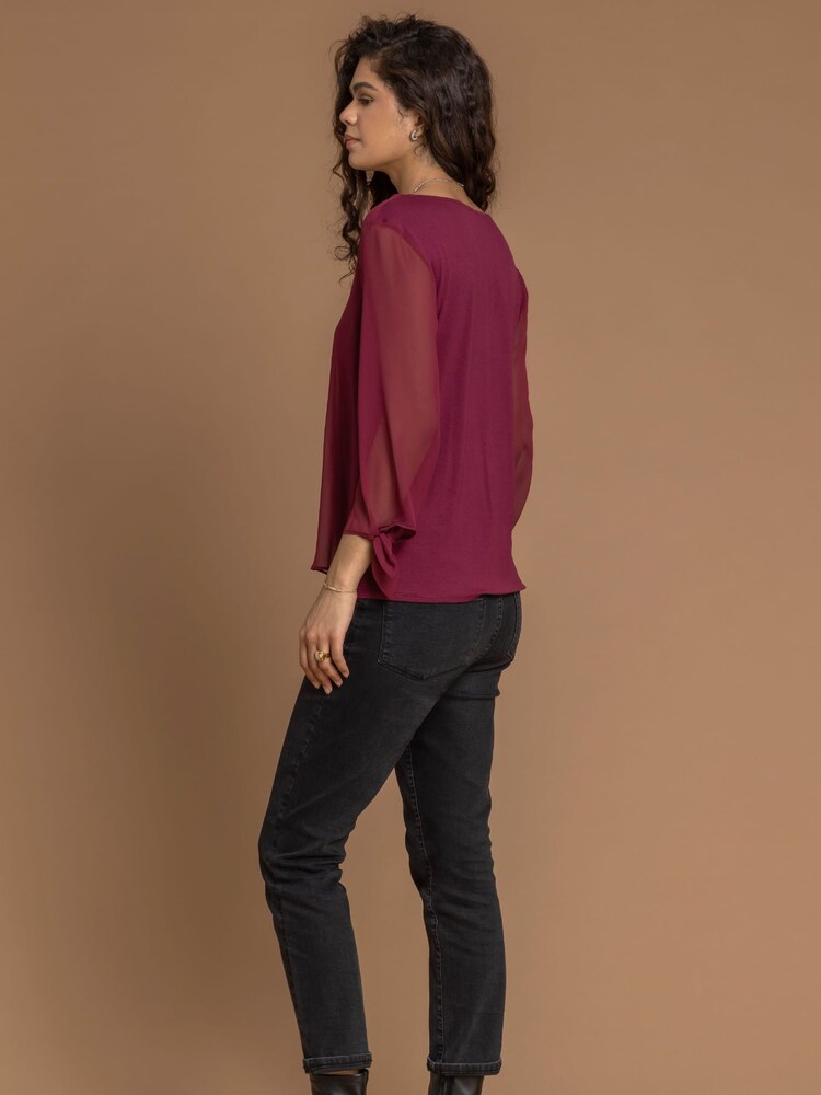 Roman Red Necklace Trim Sleeve Tie Top - Image 2 of 4
